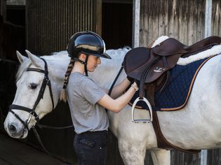 十几岁的少女骑马与一匹灰色的马在马厩外，调整腰带和马鞍。