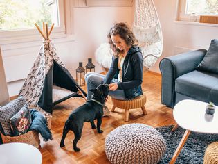 一个女人坐在凳子上和她的小黑狗玩耍。他们在客厅，有一个狗帐篷。
